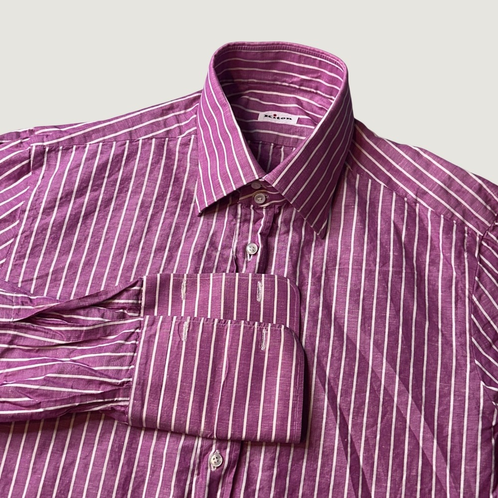 Kiton Shirt Mens XL Su Misura Button-Down Purple Pink White Striped French Cuff